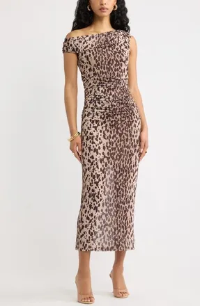 Open Edit Off the Shoulder Mesh Midi Dress in Tan- Brown C Leopard Spot at Nordstrom, Size Xx-Small