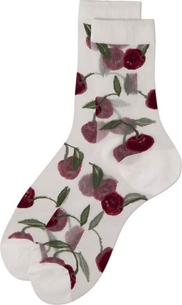 MeMoi Cherry Sheer Crew Socks in White at Nordstrom, Size 9