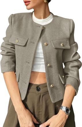 Generic Autumn Winter New Womens Tweed Short Blazer with Buttons, Commuting Style, Fashionable and Versatile (Grey,M)