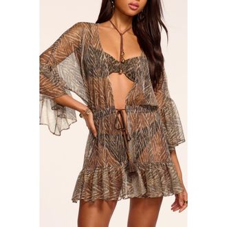 Ramy Brook Keira Metallic Long Sleeve Cover-Up Minidress in Beach Brown Zebra at Nordstrom, Size Xx-Small
