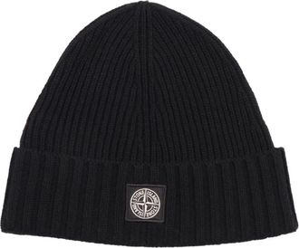 Stone Island N100003 Logo-patch Beanie - Heren - Hoeden - Zwart - M - Wol - Accessoires