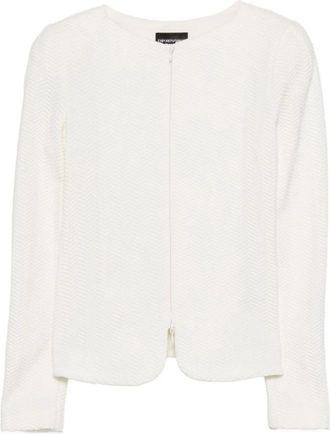 Emporio Armani Jassen, Dames, Wit, S, Witte Herringbone Weave Rits Jas