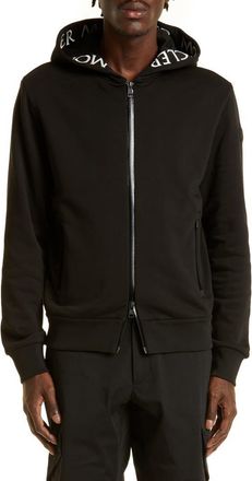 Moncler Logo Tape Cotton Zip Hoodie in Black at Nordstrom, Size Medium