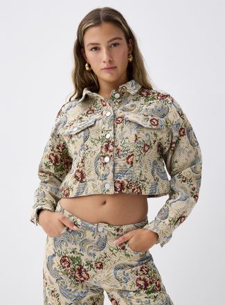 Twik Womens Beige floral tapestry cropped jacket