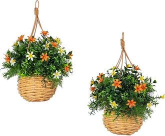Nearly Natural Set Of Two 13In Uv-Resistant Artificial Lily & Mixed Greens In Woven Hanging Basket (Indoor/Outdoor)