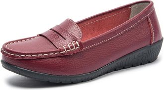 Generic Womens Comfortable Casual Loafers, Classic Penny Loafers for Women Leather Moccasin Shoes for Business Work (Wine Red,7.5)
