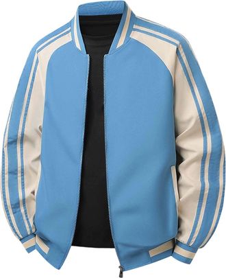 Generic Mens Lightweight Autumn Winter Casual Jacket Featuring Contrast Stitching Ribbon Trim Comfortable Stylish Outerwear For Daily Wear (Sky Blue, XXL)