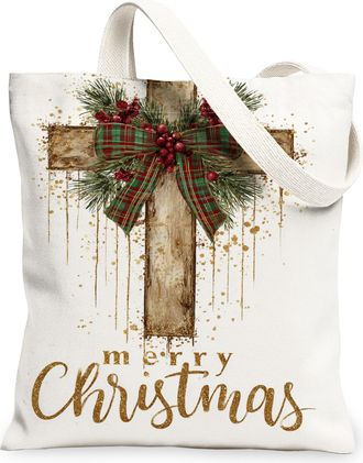 Generic Christmas Cross Canvas Tote Bags, Rustic Holiday Design Reusable Bags, Vintage Lightweight Washable Shoulder Strap Canvas F, White, 13x15 Inch