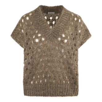 Brunello Cucinelli Brunello Cucinelli, V-neck Knitwear, female, Brown, Size: XS Knitted Vest