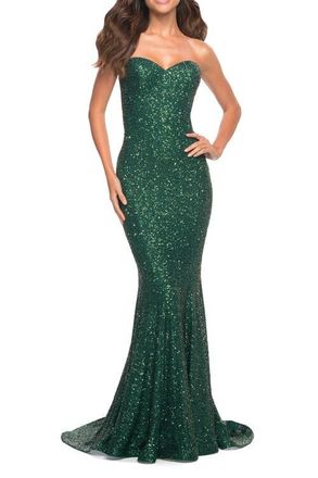 La Femme Strapless Sweetheart Luxe Sequin Gown in Emerald at Nordstrom, Size 10