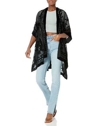 Angie Womens Velvet Kimono Transitional Jacket, Black, One Size