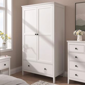 Home Source Industries 2 Door Wardrobe Storage Drawer Clothes Organiser White MDF 180cm Tall