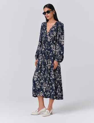 Ghost London Wren Floral V Neck Midi Dress in Navy Floral at Nordstrom, Size 14
