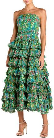 Mac Duggal Floral Cotton Strapless Tiered Ruffle Midi Dress in Green Multi at Nordstrom, Size 10