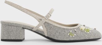 Charles & Keith Twill Bead-Flower Block-Heel Slingback Mary Jane Pumps
