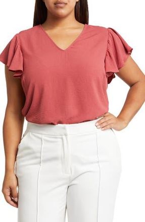 Adrianna Papell Flutter Sleeve V-Neck Blouse in Rose at Nordstrom Rack, Size 1X