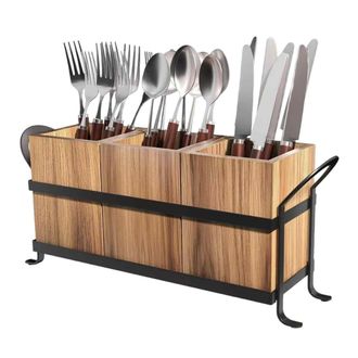 OEM Pot A Ustensiles - 3 Compartiments - Bois Naturel Et Support Interieur En Fer - Pour Plan De Travail Cuisine - 1 Piece