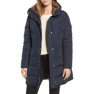Cole Haan Quilted Down & Feather Fill Jacket with Faux Fur Trim in Navy at Nordstrom Rack, Size Medium