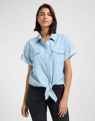 Lee Jeansbluse LEE Lee Jeanshemd Crop Tied Western Shirt, Damen, Gr. XS, blau, Obermaterial: 80% Baumwolle CO. 20% Baumwolle CO recyc.., Blusen Jeansbluse