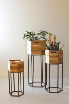 Kalalou Set Of Three Hexagon Recycled Wood Planters On Metal Bases