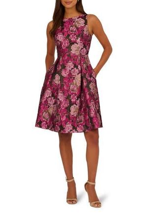 Adrianna Papell Metallic Floral Jacquard Fit & Flare Dress in Pink/Black Multi at Nordstrom Rack, Size 16