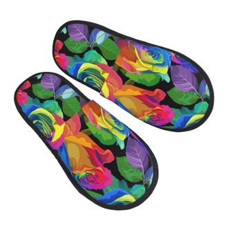 Generic Fluffy Slippers Multicolored Roses Flower Furry Camping Slippers Warm Indoor Shoes For Indoor Bedroom Ladies M