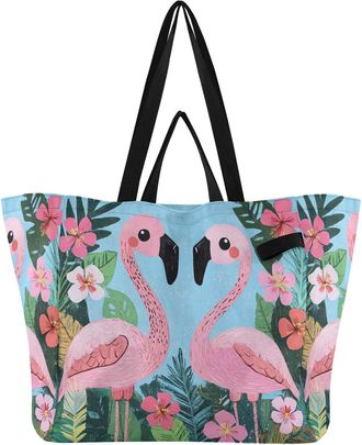 Generic Flamingo Pink Flowers print Reusable Canvas Tote Bag, Heavy Duty Grocery Shopping Bag with Double Handles Hard Bottom Large Capacity Work Groceries Tr