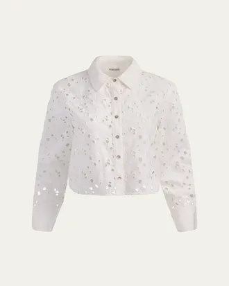 Alice & Olivia Finely Laser-Cut Denim Cropped Shirt