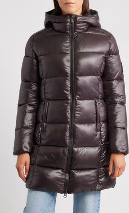 Save The Duck Ines Water Repellent Longline Hooded Puffer Jacket in Brown Black at Nordstrom, Size 00