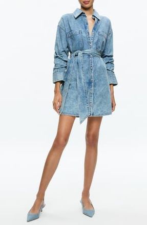 Alice & Olivia Brigita Ruched Sleeve Denim Mini Shirtdress in Harlow Vintage Blue at Nordstrom Rack, Size X-Small