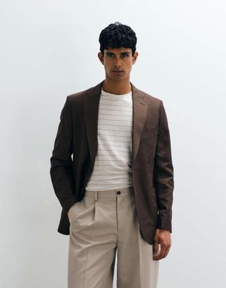 Mango Ethereal - Blazer da abito slim fit in misto lino marrone in coordinato