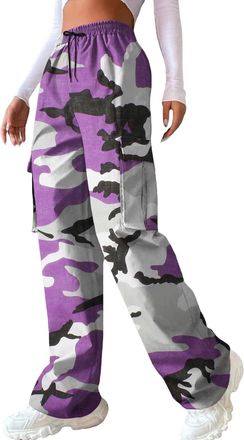Generic Ladies Leisure Trousers Elasticated Waist Ladies Womens Casual Camouflage Print Cargo Pants Drawstring Stretch Elastic Waist Tapered Pants with Pocket