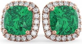 Allurez Halo Cushion Lab Emerald & Diamond Earrings 14k Rose Gold (4.04ct)