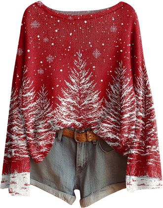Generic Funny Christmas Jumper for Women, Long Sleeve Loose Fit Boat Neck Sweater Pullover, Festive Knitted Jumper with Multiple Designs for Holiday & Casual 