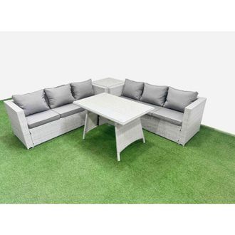 Fimous Rattan Garden Furniture Dining Set 6-seater Patio Rectangular Table 3 Seater Sofa Set with Side Table Light Grey - Fimous