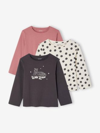 Vertbaudet 3er-Pack M&auml;dchen Shirts mit Print BASICS Oeko-Tex malve
