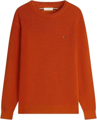 Tommy Hilfiger Truien & Vesten, Heren, Oranje, XS, Katoen, Gestructureerde Geverfde Garen Ronde Hals Trui