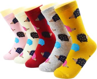 Generic Hedgehog Pattern Crew Socks, 5 Pairs, Multi-Coloured, UK Size 4-8, Hedgehog Gift