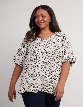 Live Unlimited London Womens Mono Floral Puff Sleeve Blouse - Black/Multi - Size: 12