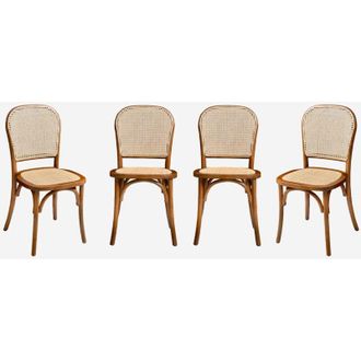 Sweeek Set di 4 sedie in legno e rattan vintage