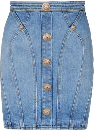 Balmain button-embellishment denim mini skirt - women - Cotton/Elastane - 36 - Blue