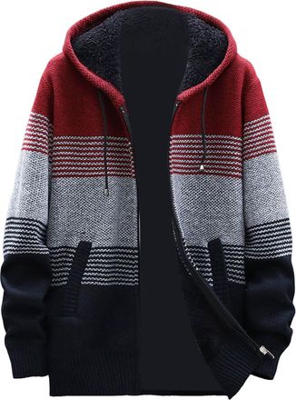 Generic Knitted Hoodie Men Mens Knitted Cardigan Sweater Open Front Long Sleeve Winter Warm Jumper Jackets Autumn Winter Thick Sweater Outwear Red 3XL