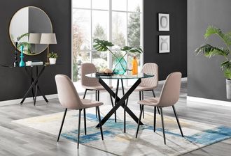 Furniturebox Novara 4 Seater Black Leg Round Glass Dining Table & 4 Corona Faux Leather Black Leg Chairs in Beige
