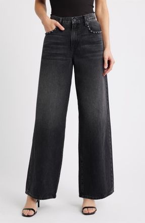 Hidden Jeans Studded High Waist Baggy Wide Leg Jeans in Black at Nordstrom, Size 24