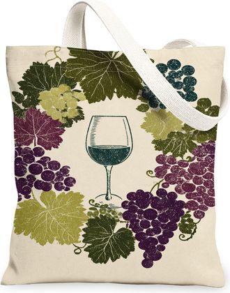Generic Grapes Canvas Tote Bags, Floral Wine Glass Pattern Reusable Grocery Bags, Seasonal Vintage Chic Lightweight Washable Should, Beige, 13x15 Inch