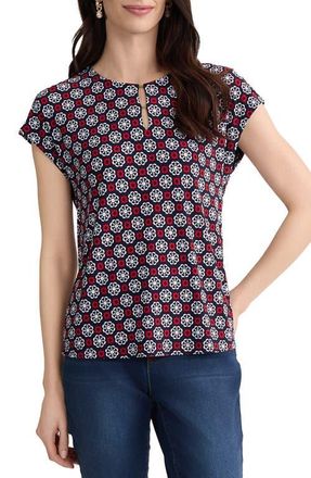 Jones New York Printed Keyhole Crepe Knit Top in Pacific Navy Multi at Nordstrom, Size X-Small