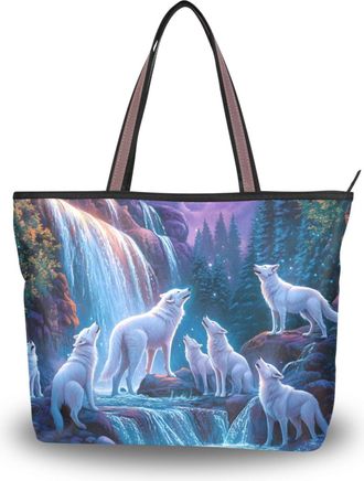 Alaza Large Tote Bag, Women Shoulder Bag Big Capacity Casual Handbags, Waterfall Moon White Wolf Shopping Tote with Pockets Zip,L