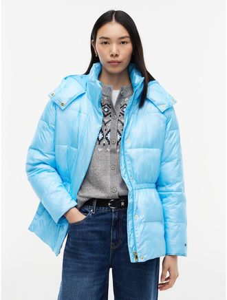 Tommy Hilfiger Womens Shiny TH Ultra Air Puffer Jacket - Crisp Blue - XXL