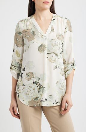 Anne Klein Floral Popover Top in Soft Aloe Multi at Nordstrom, Size Large P
