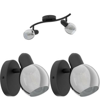 Loops Twin Ceiling Spot Light & 2x Matching Wall Lights Black Vaporized Glass Moving